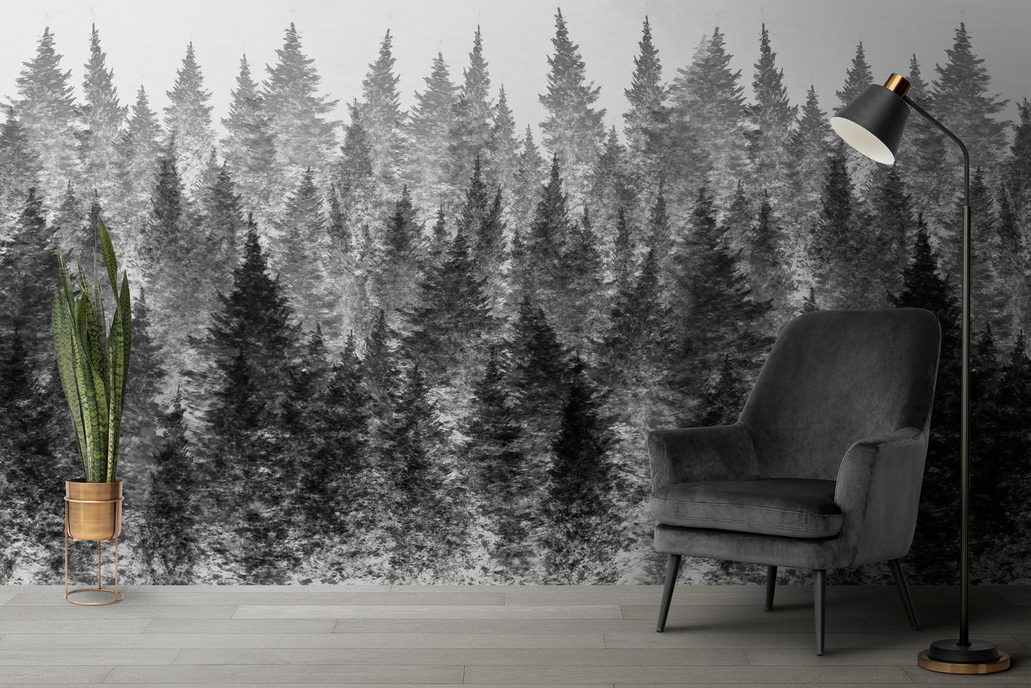 Ilustración Bosque de Pinos Blanco y Negro