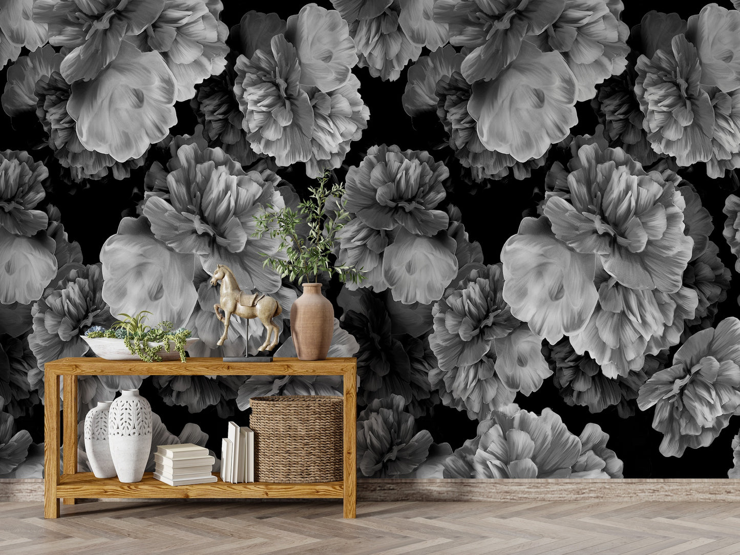Black & White Peonies Watercolor Jumbo Flowers and Other Colors