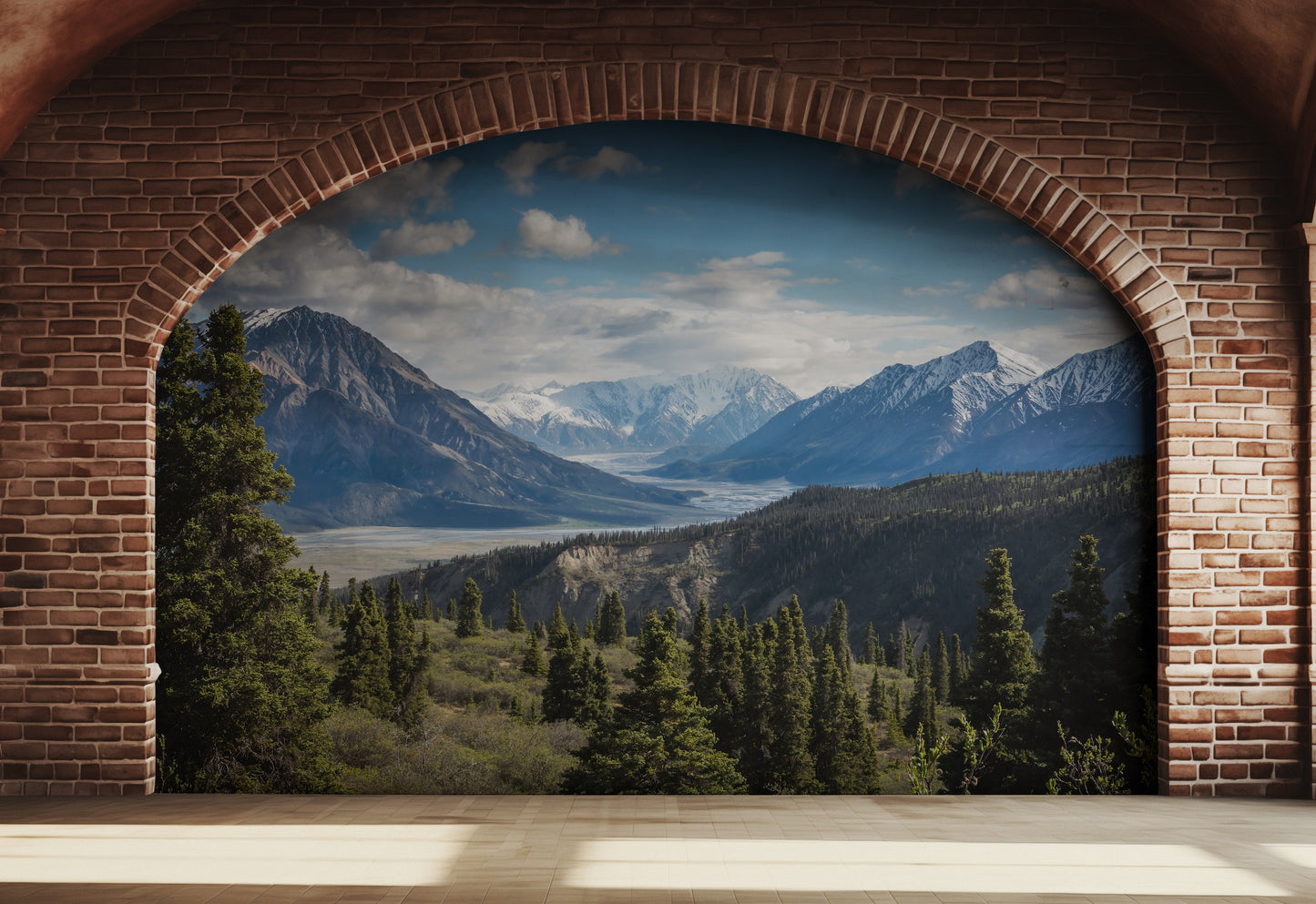 Paisaje Bosque de Pinos y Montañas Nevadas