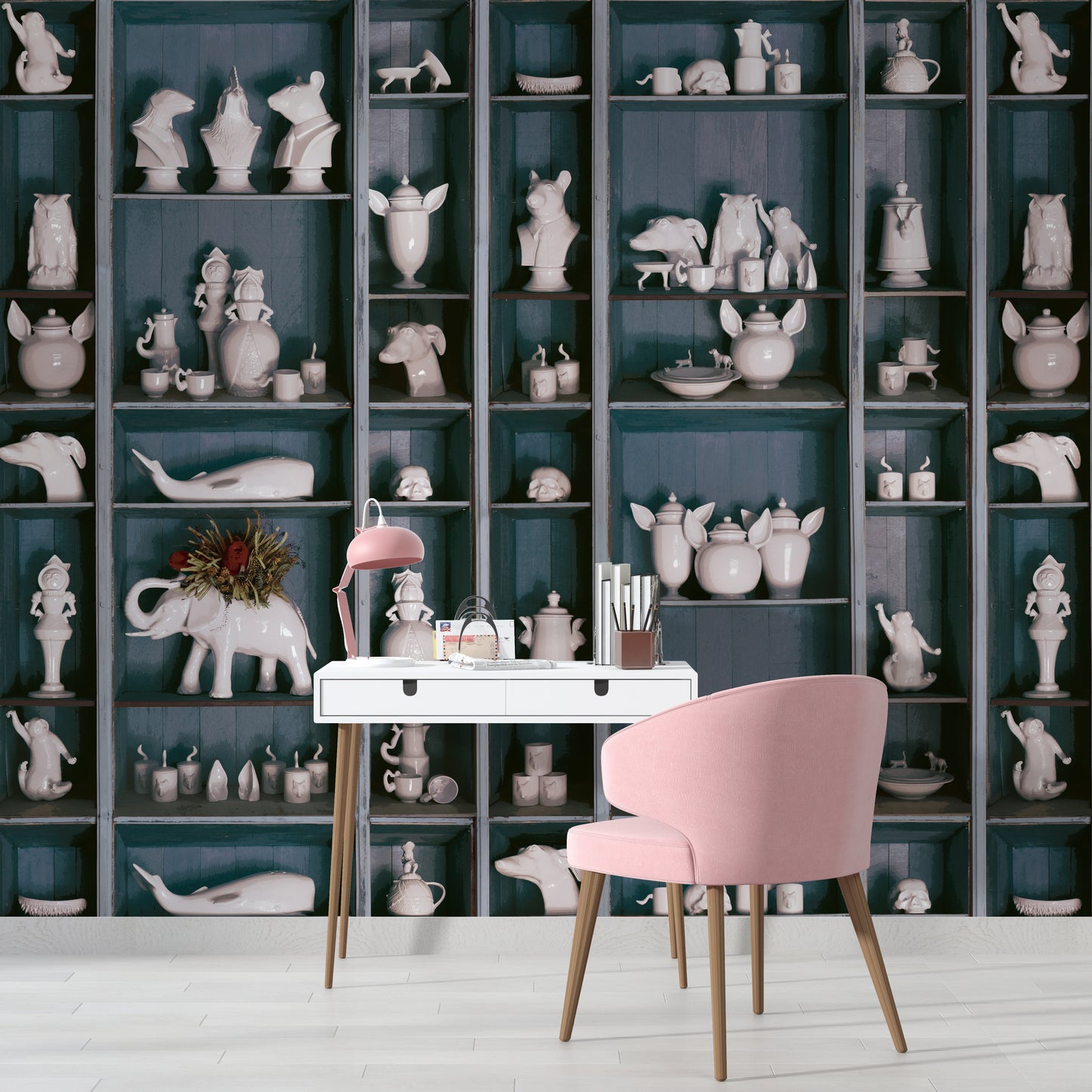 Adornos de Cerámica en Repisas de Madera Turquesa