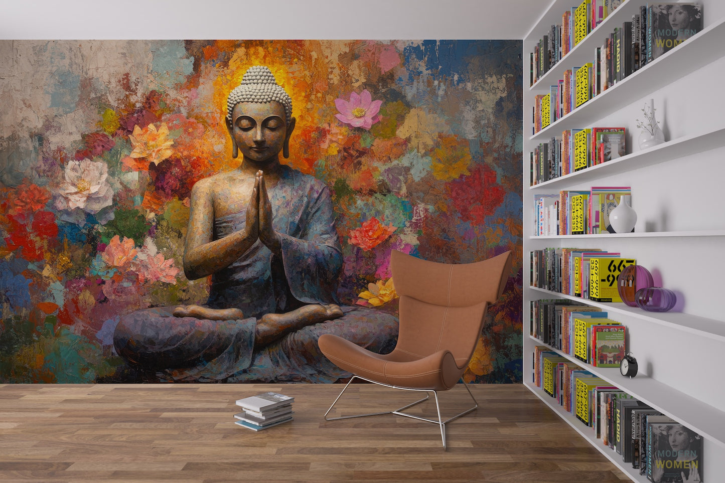 Buda Meditando Flores y Muro Rústico