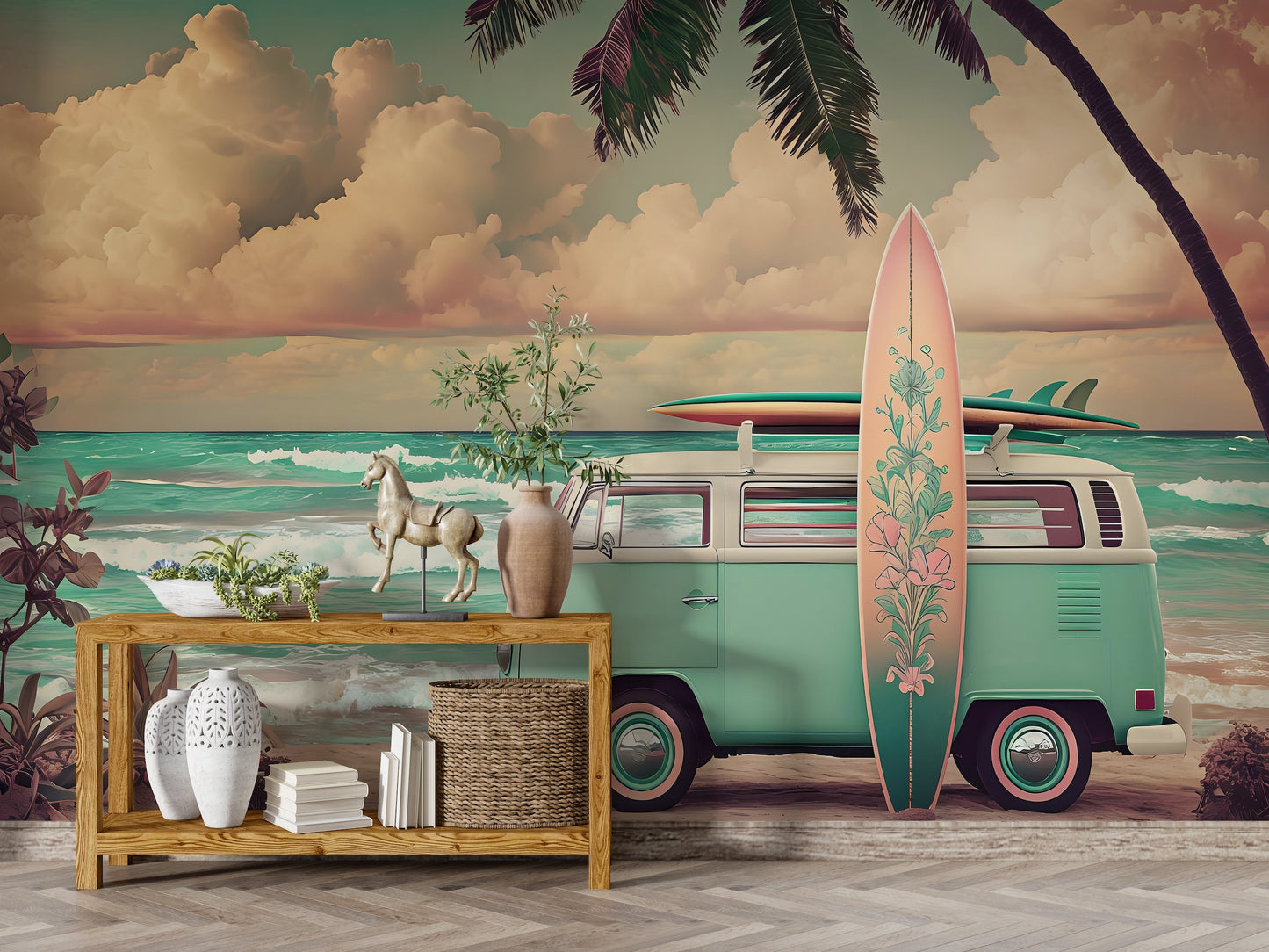 Ilustración Combi y Surfboard en la Playa