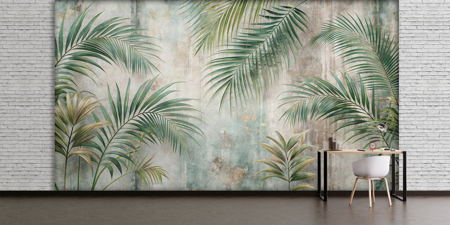 Hojas de Palmera y Muro Rústico