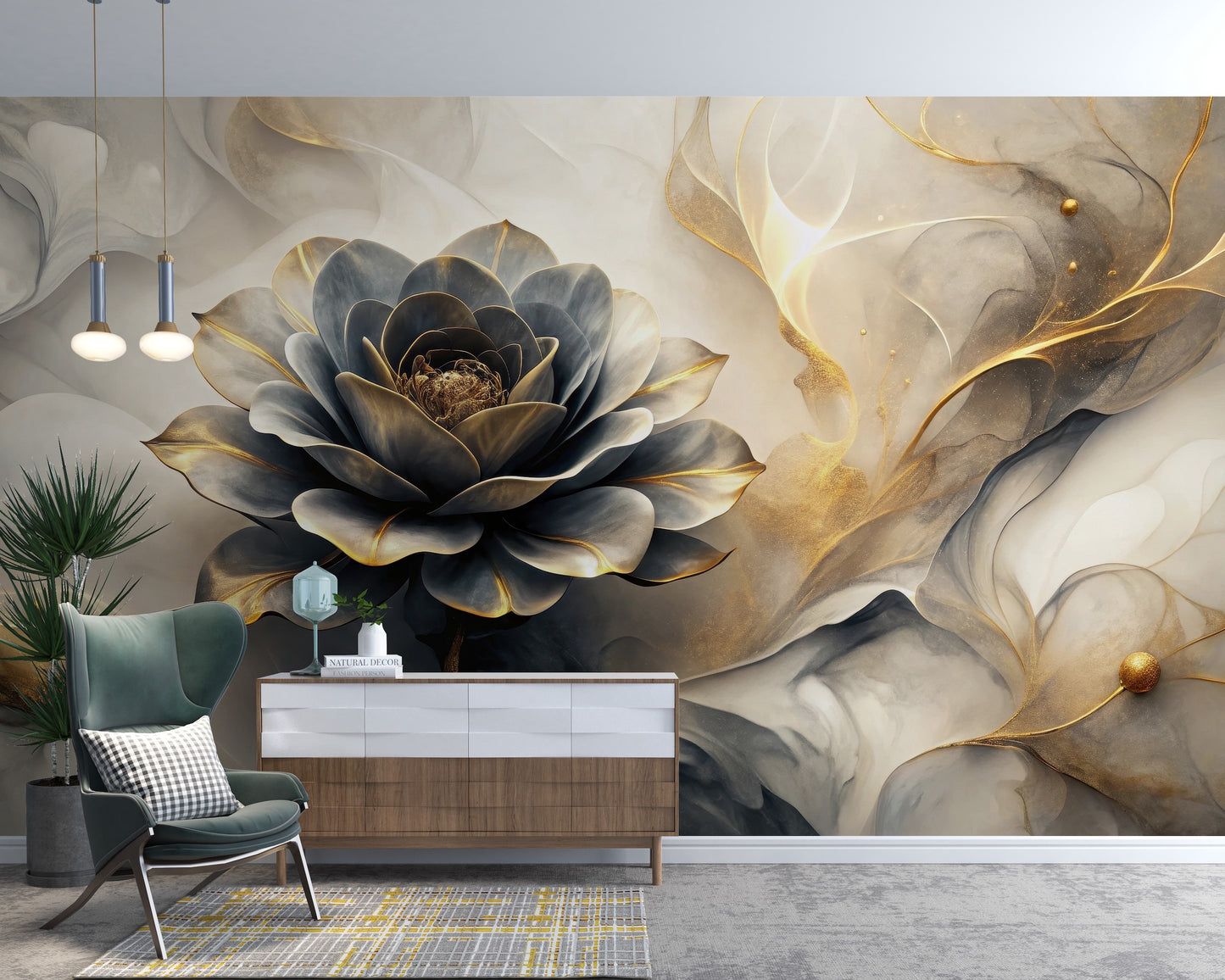 Muro Marmoleado con Rosa Gris Toques Dorados