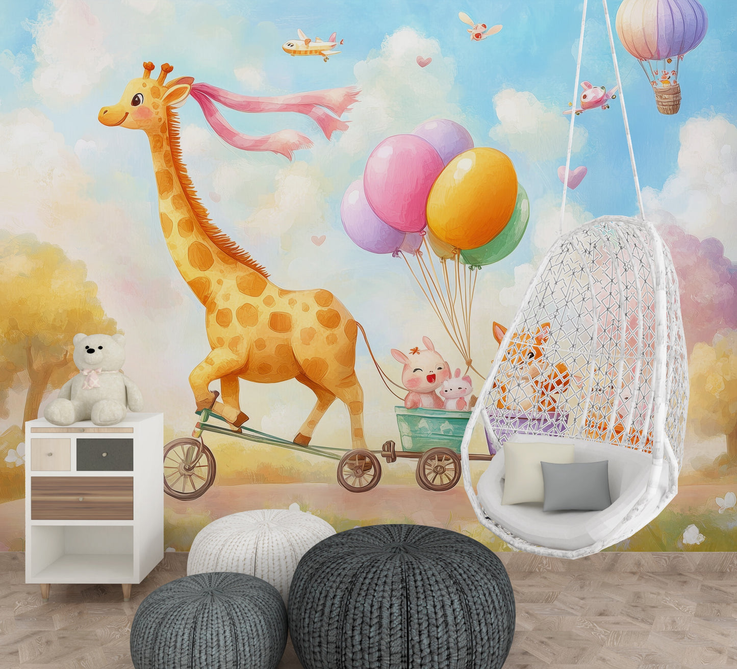 Ilustración Jirafa, Animalitos y Globos