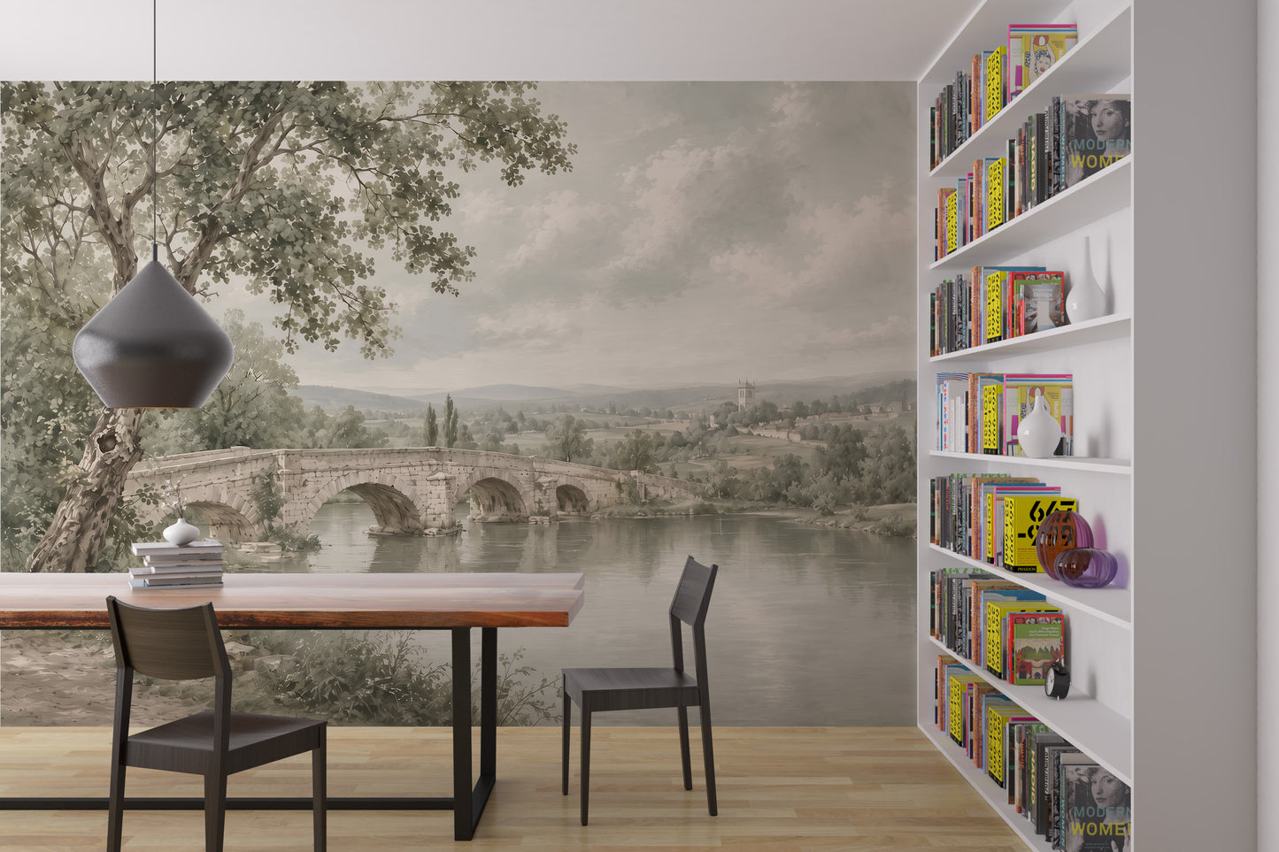 Pintura Paisaje Puente y Lago