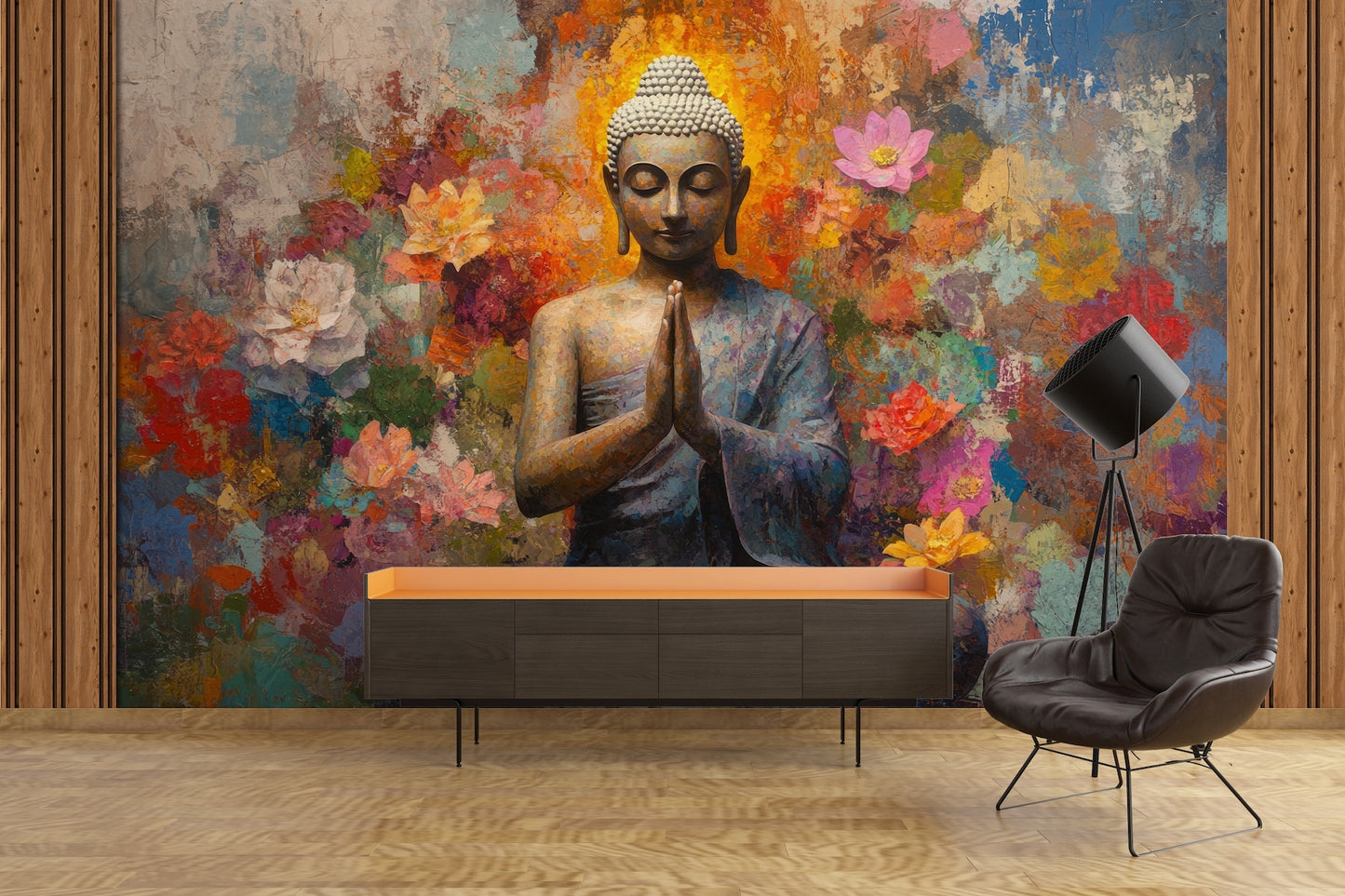 Buda Meditando Flores y Muro Rústico