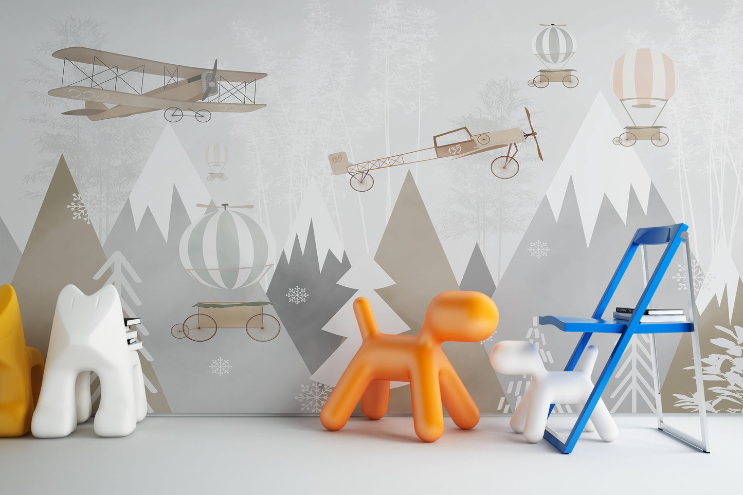 Paisaje Montañas, Globos y Aviones