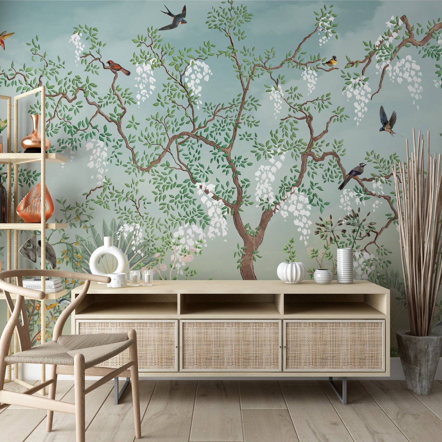 Artistic Oriental Tree with Birds