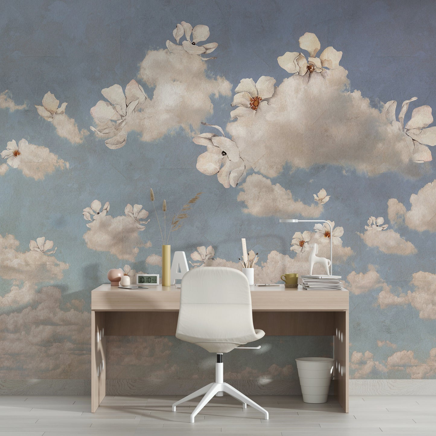 Pintura Rústica Flores y Nubes - Blue Sky