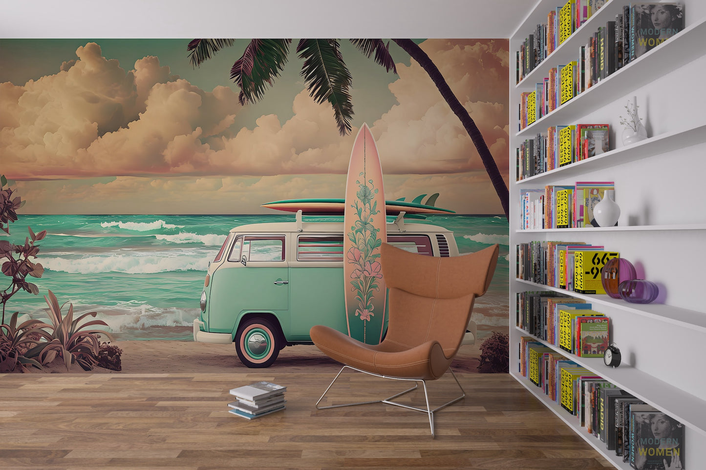Ilustración Combi y Surfboard en la Playa