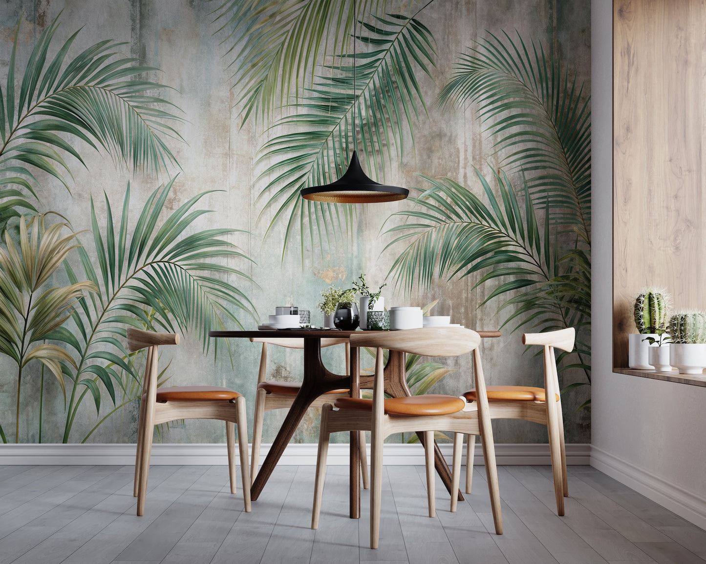 Hojas de Palmera y Muro Rústico