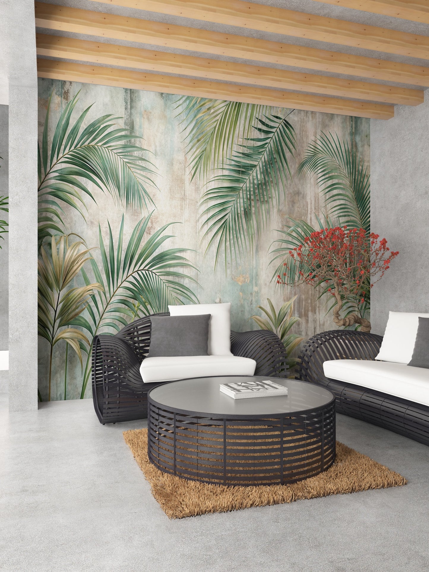 Hojas de Palmera y Muro Rústico