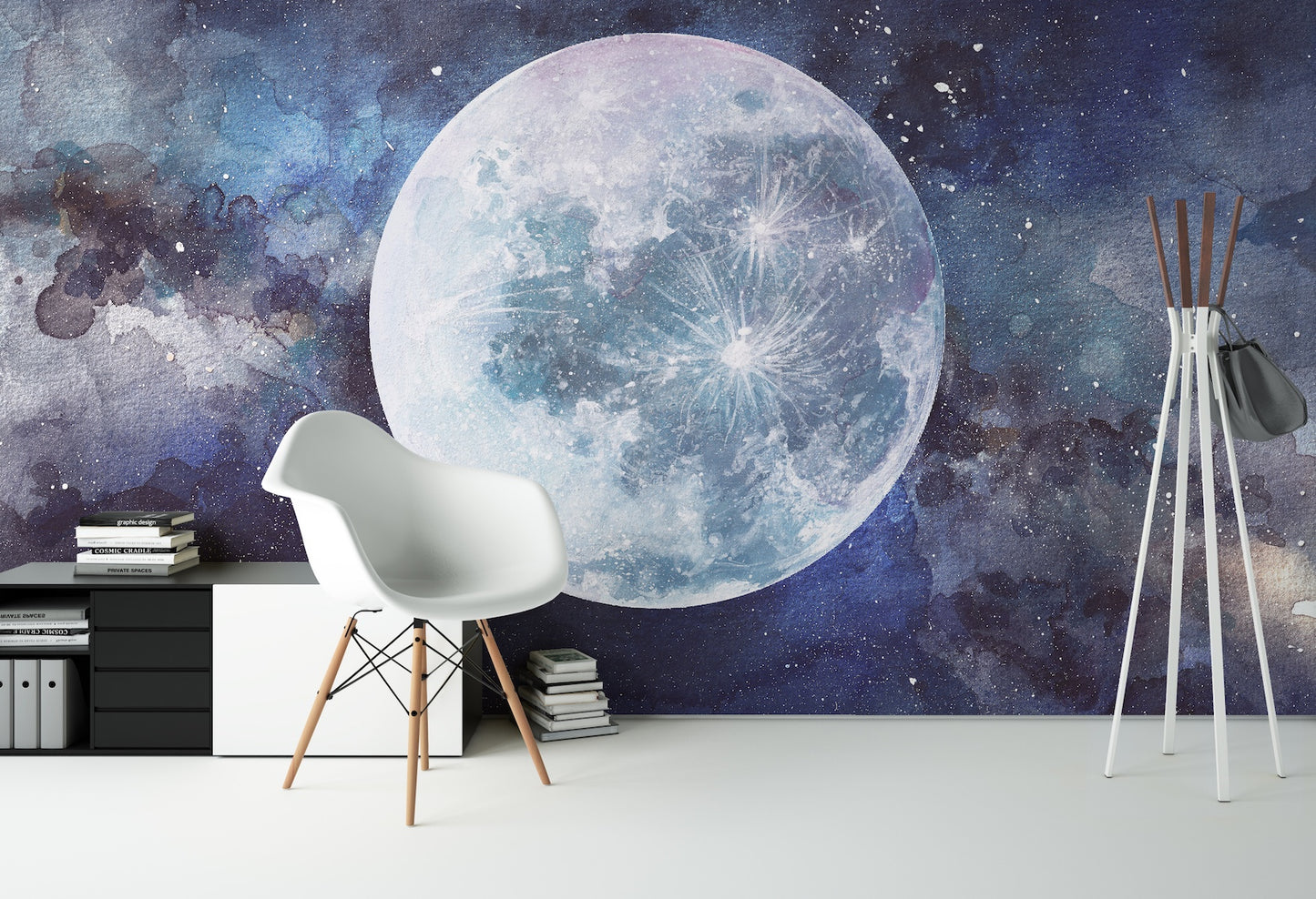 Luna y Espacio Estrellado Acuarela