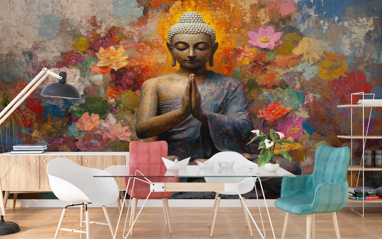 Buda Meditando Flores y Muro Rústico