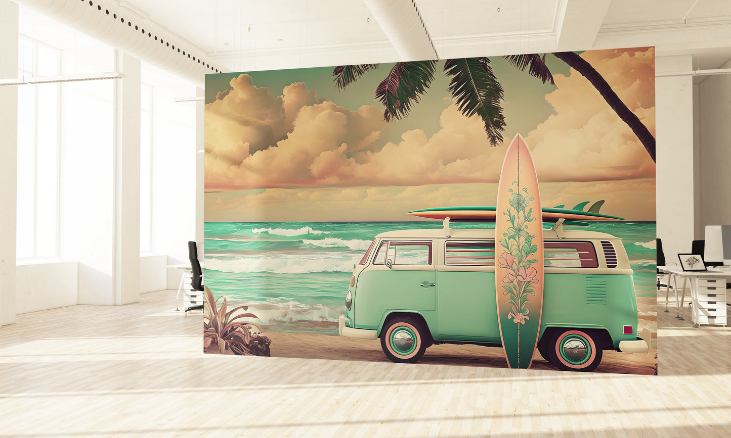 Ilustración Combi y Surfboard en la Playa