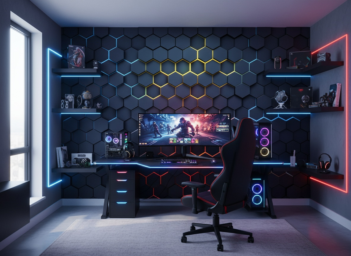 Hexágonos Gamer con Detalles Estilo Neón