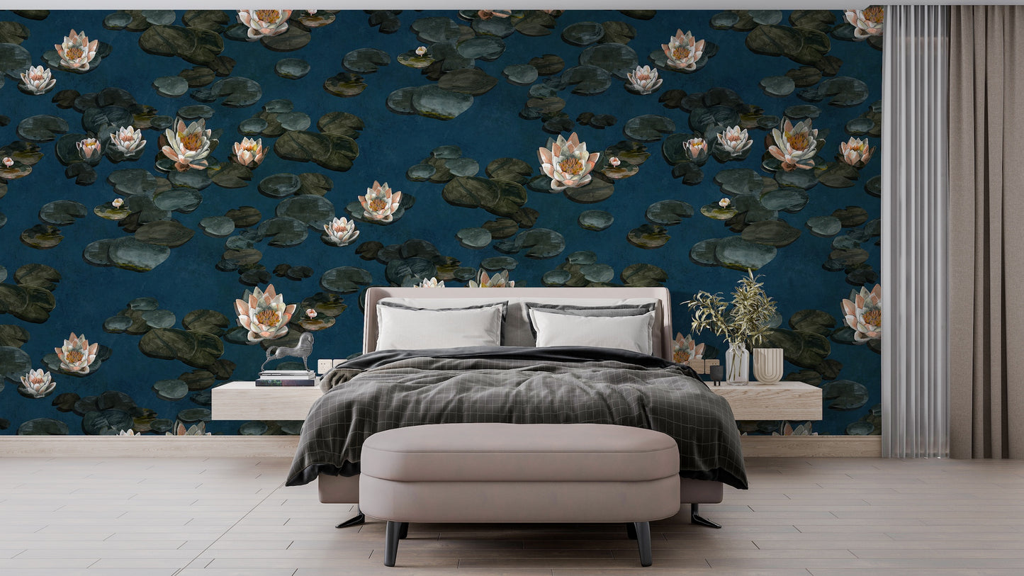 Pintura Flores Lirios de Agua Azul Petroleo