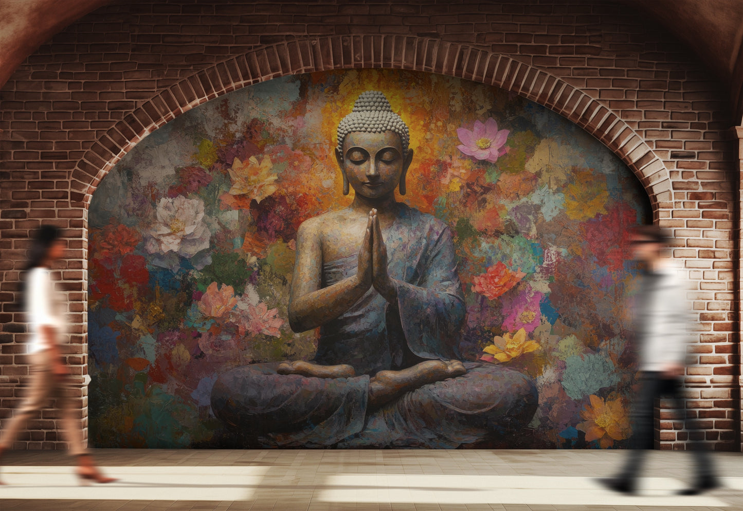 Buda Meditando Flores y Muro Rústico