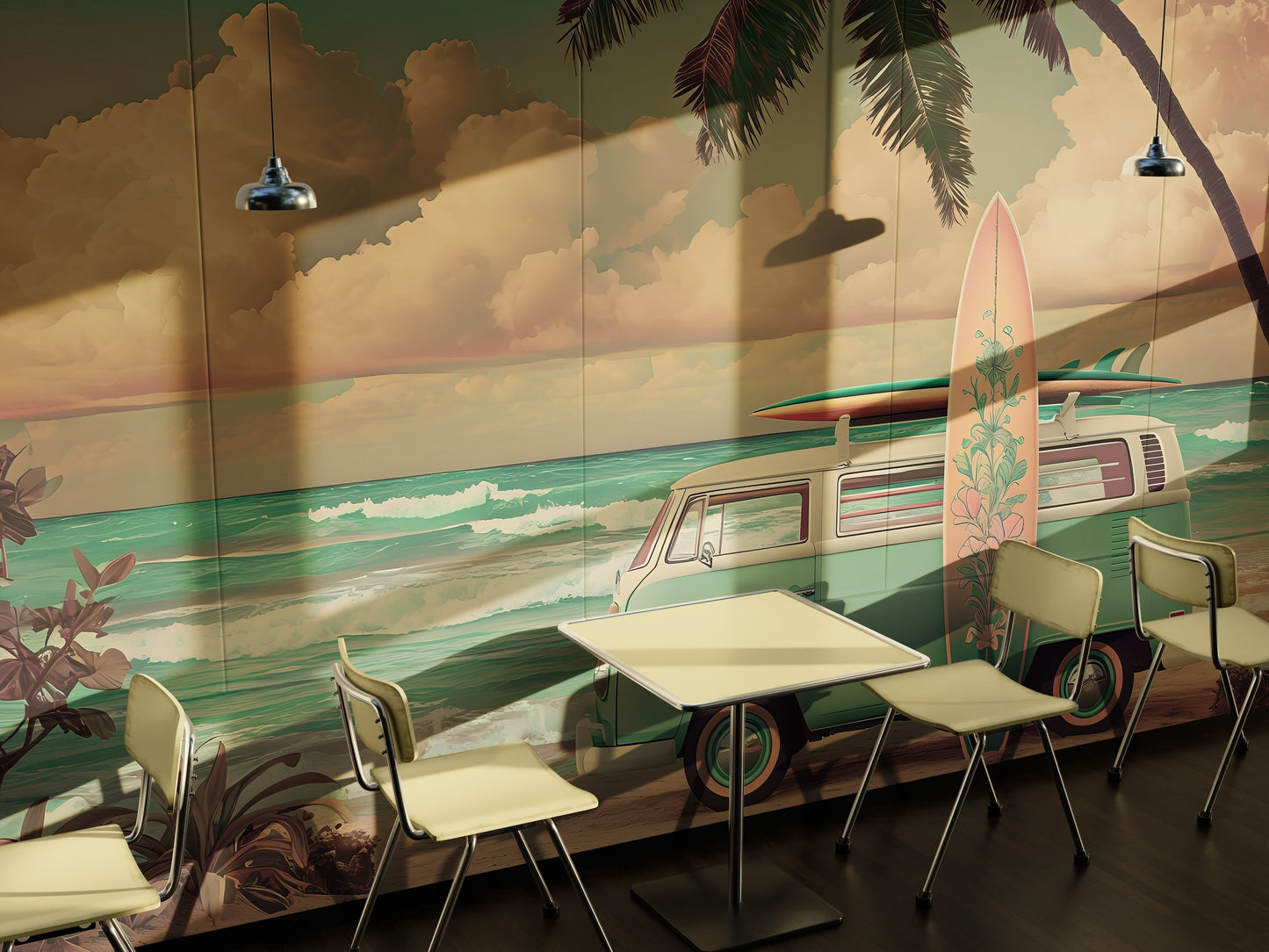 Ilustración Combi y Surfboard en la Playa