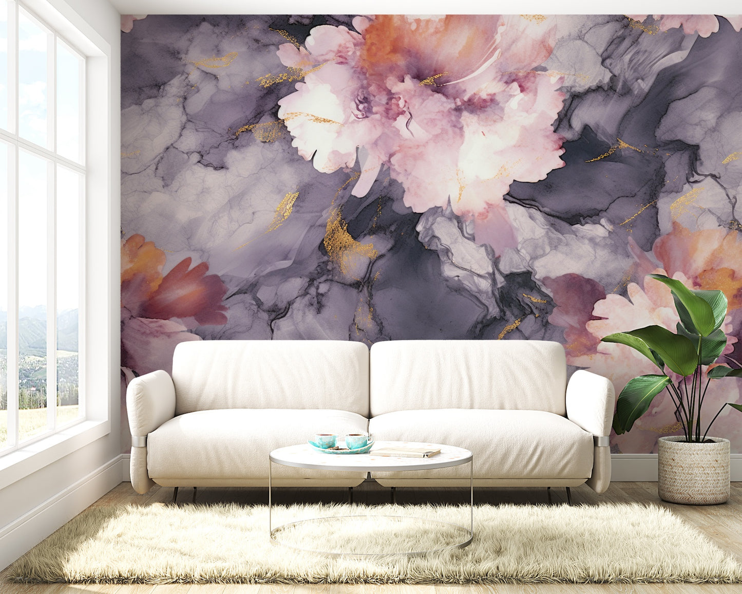 Pink Flowers Purple Marble