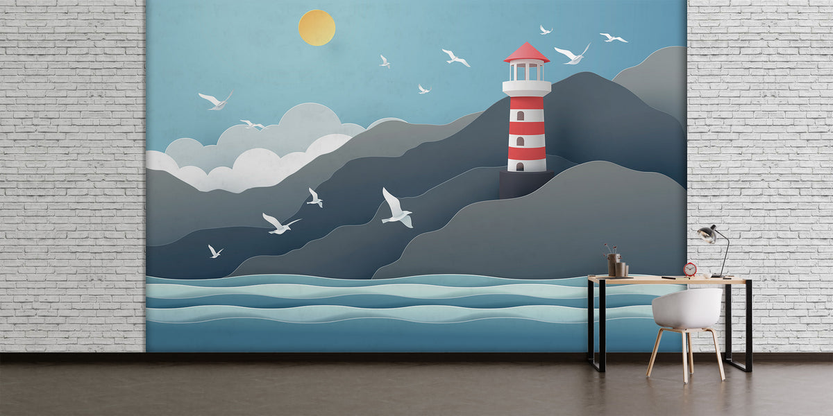 Paper-Cut Style Lighthouse & Seagulls