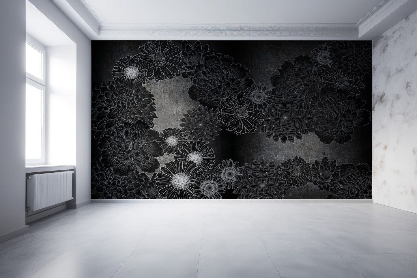 Modernas Flores Monocromáticas Fondo Negro