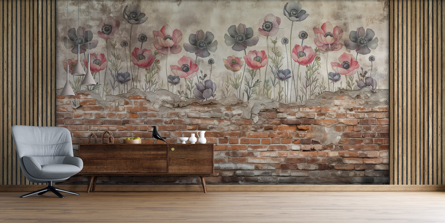 Muro Ladrillos Rústico con Flores I