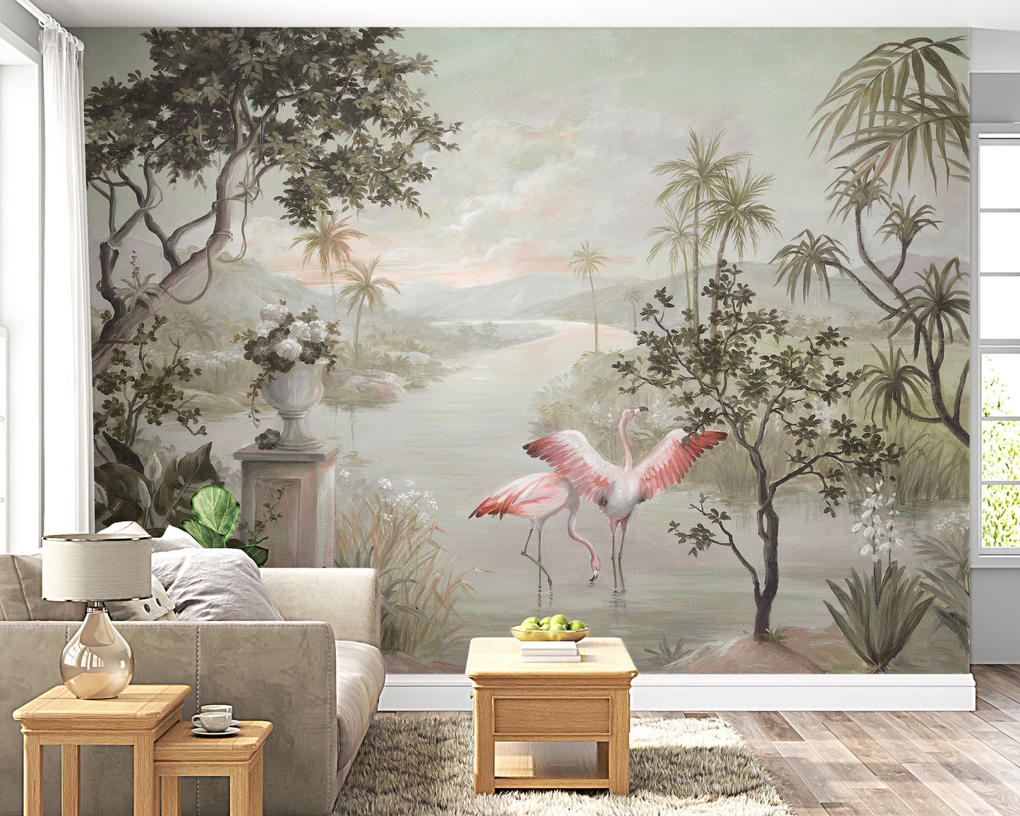 Paisaje Flamingos Rio y Palmeras