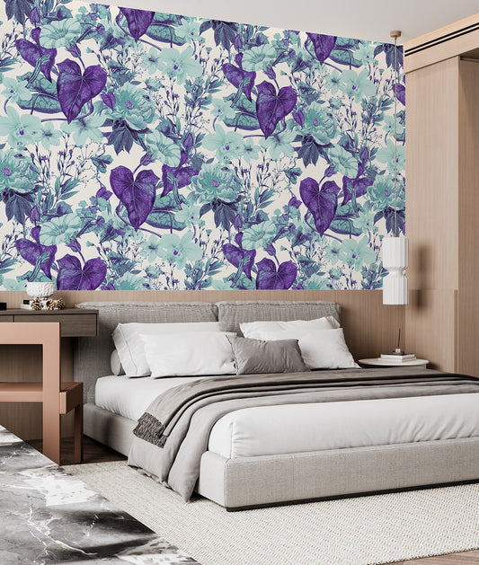 Patrón de Flores Turquesa y Plantas Moradas