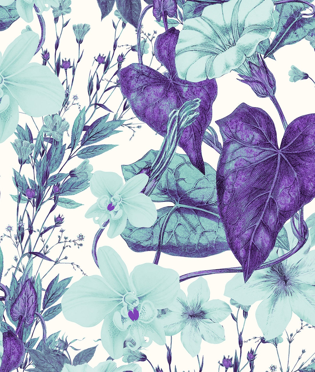 Patrón de Flores Turquesa y Plantas Moradas