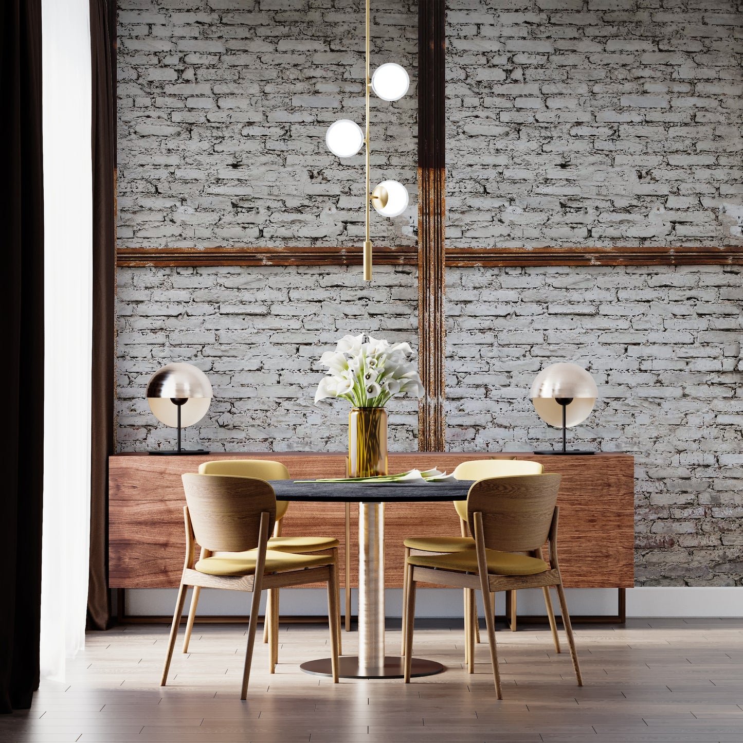 Muro de Ladrillos Blancos y Vigas de Acero