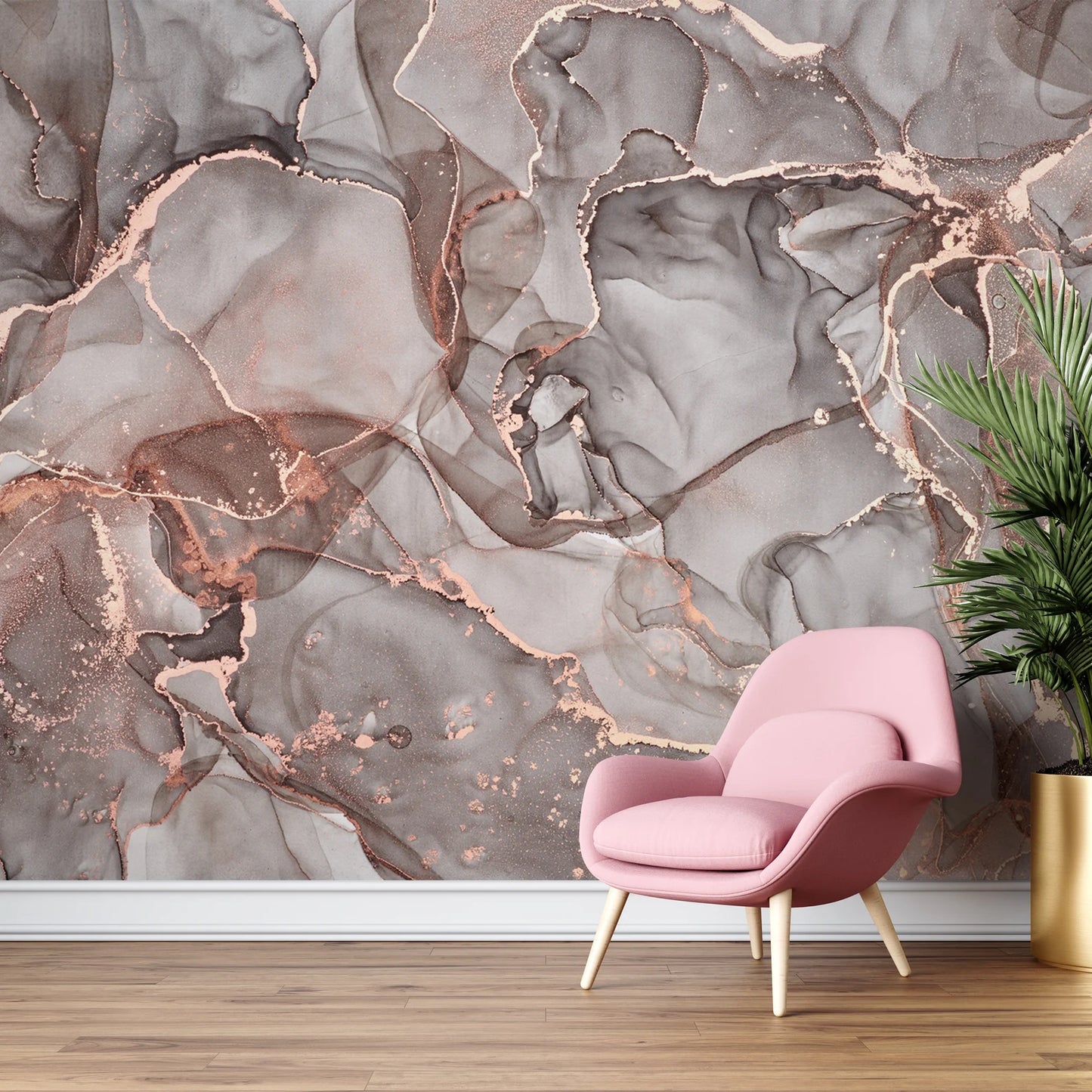 Rose Gold Grey Marbled Wallcovering