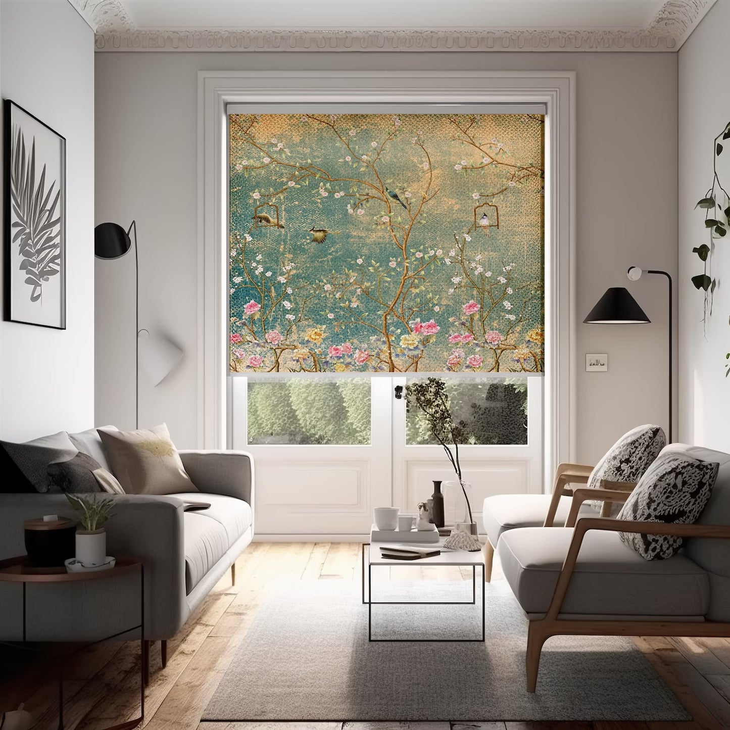 Persiana Enrollable Impresa Arboles y Aves Estilo Japonés