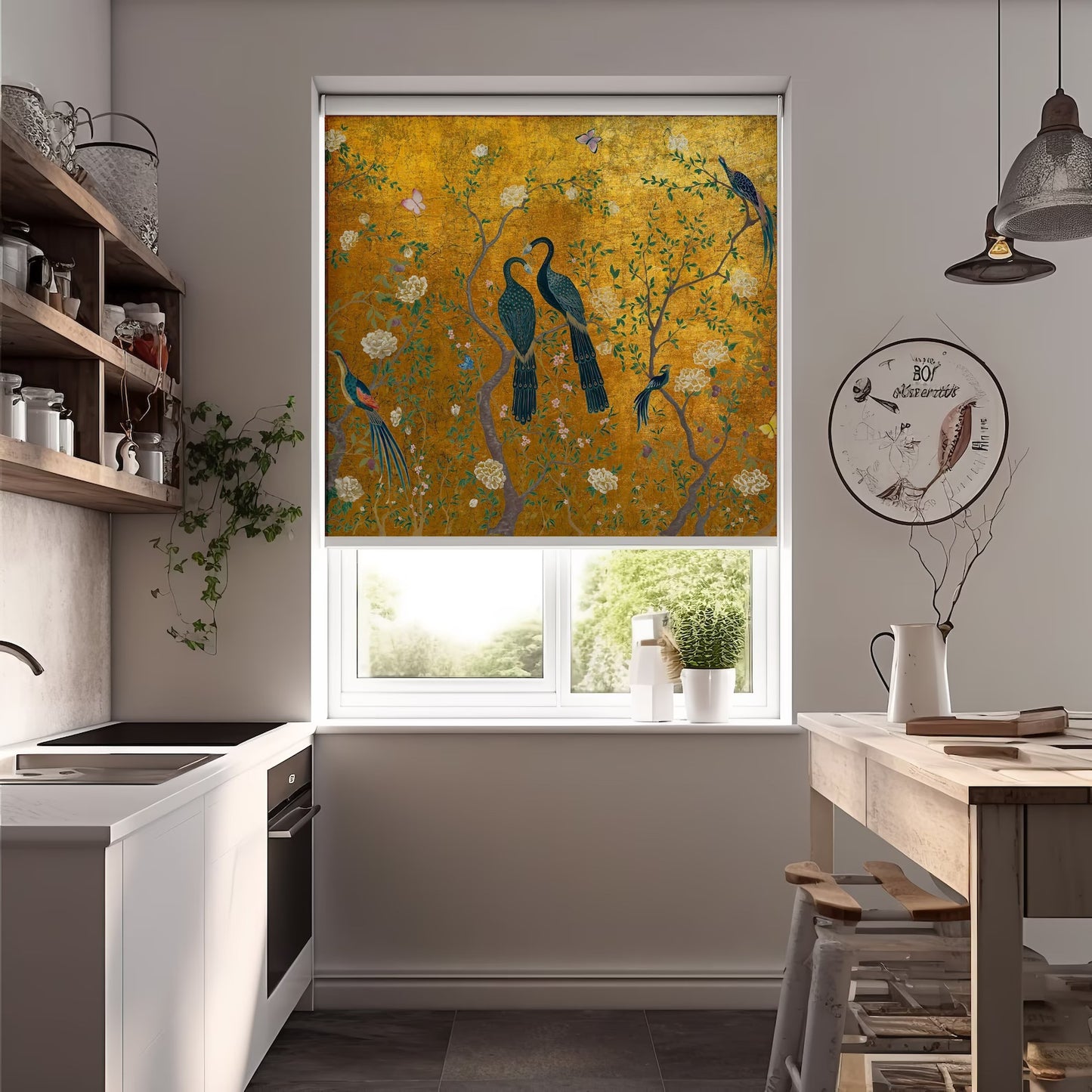 Persiana Enrollable Impresa Faisanes y Fondo Mostaza