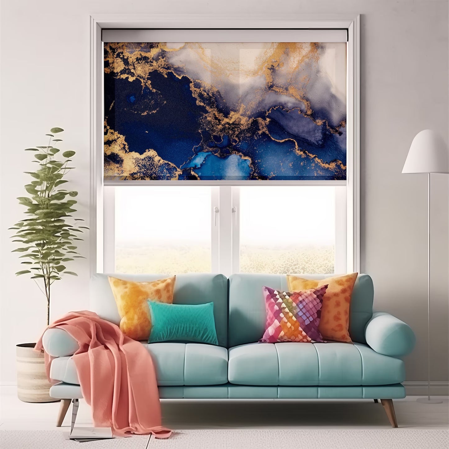 Persiana Enrollable Impresa Marmoleado Azul y Blanco