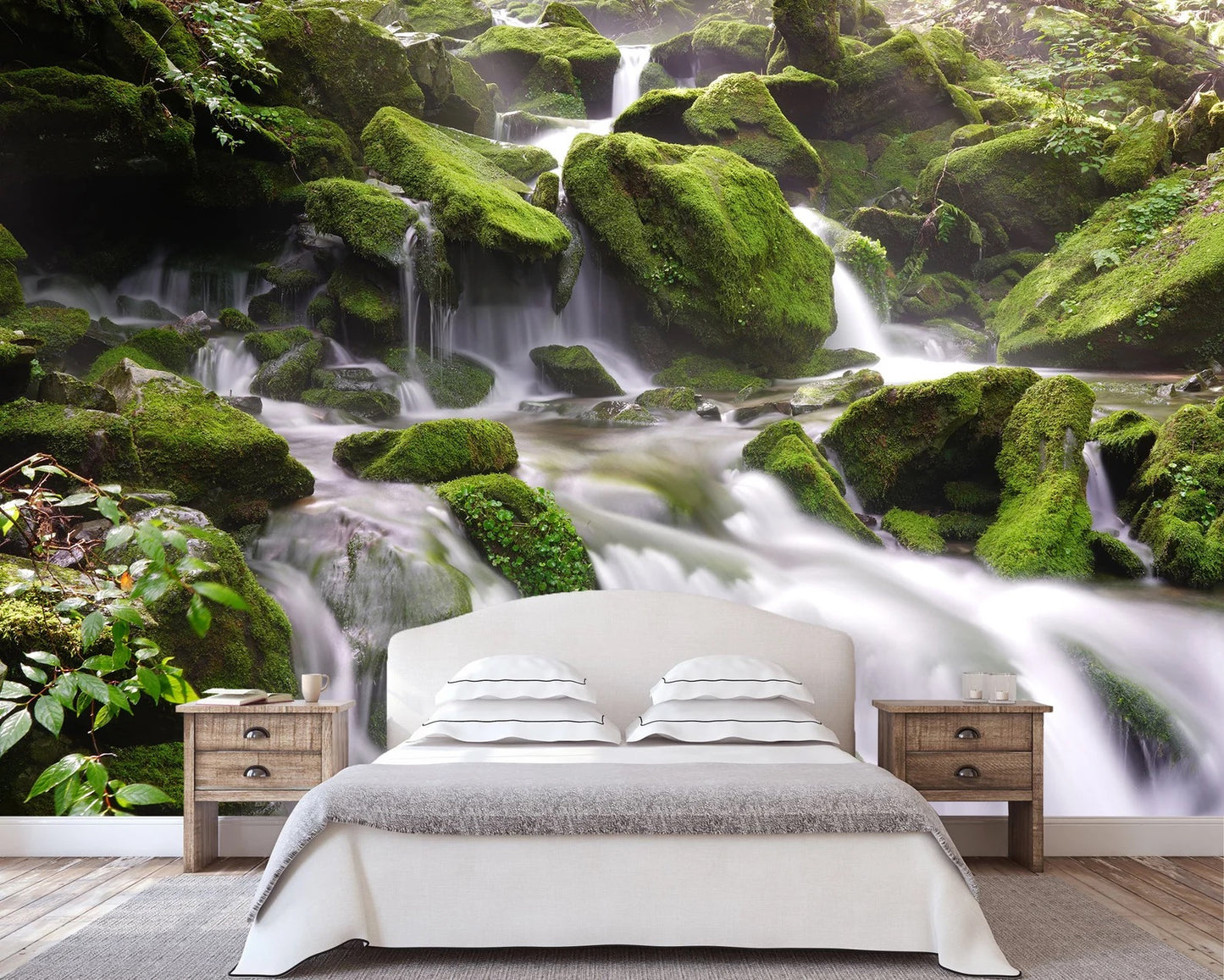 Paisaje Cascada y Piedras Cubiertas de Musgo