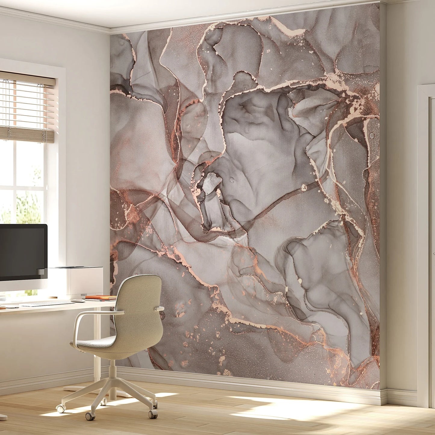 Rose Gold Grey Marbled Wallcovering