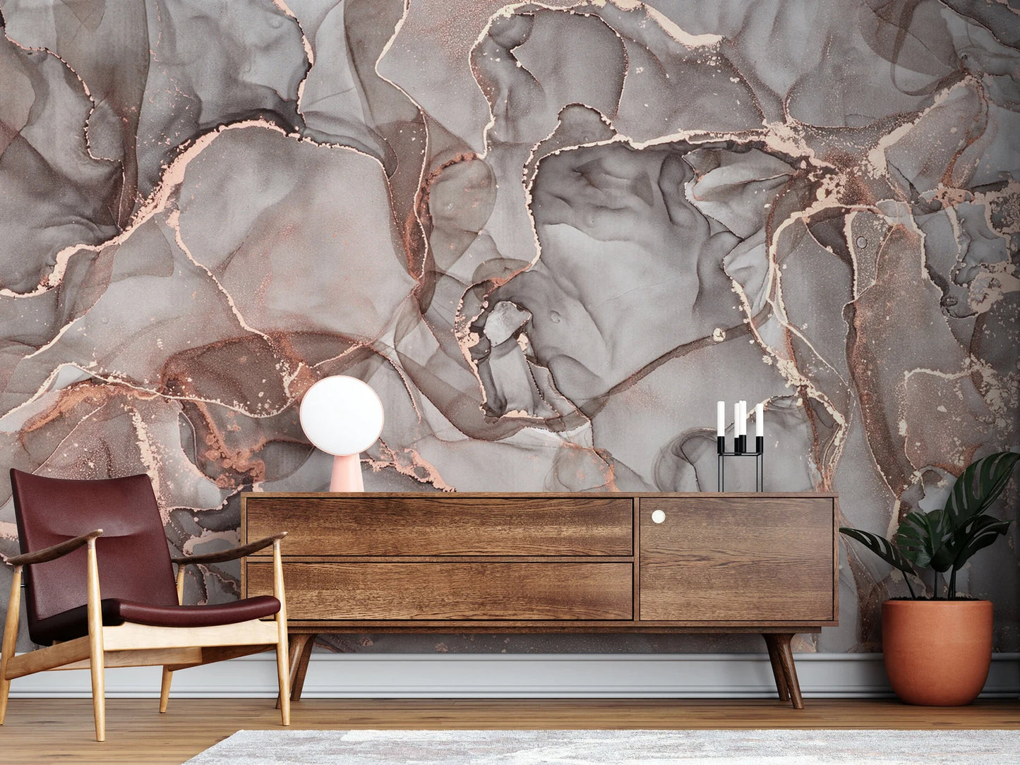 Rose Gold Grey Marbled Wallcovering