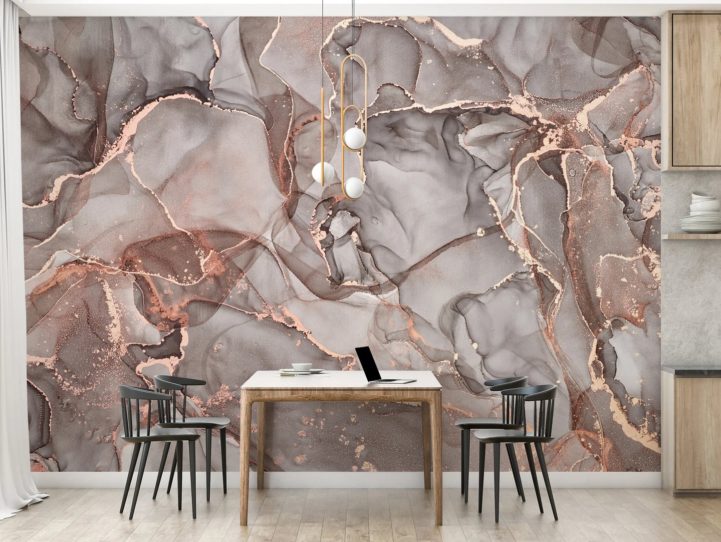 Rose Gold Grey Marbled Wallcovering