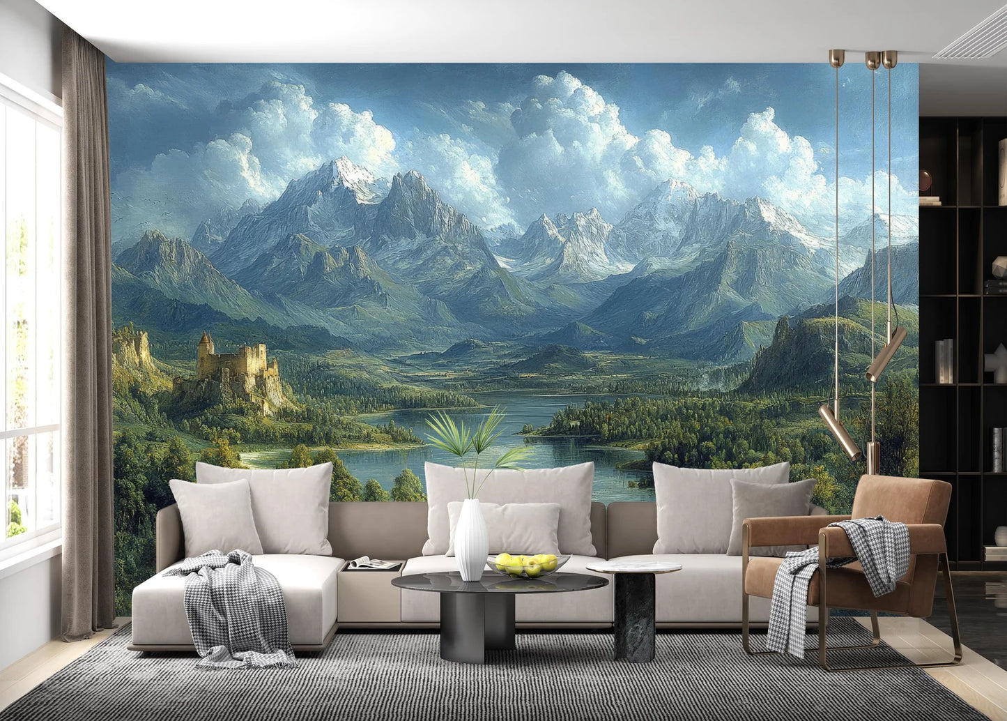 Paisaje Lago, Castillo y Montañas
