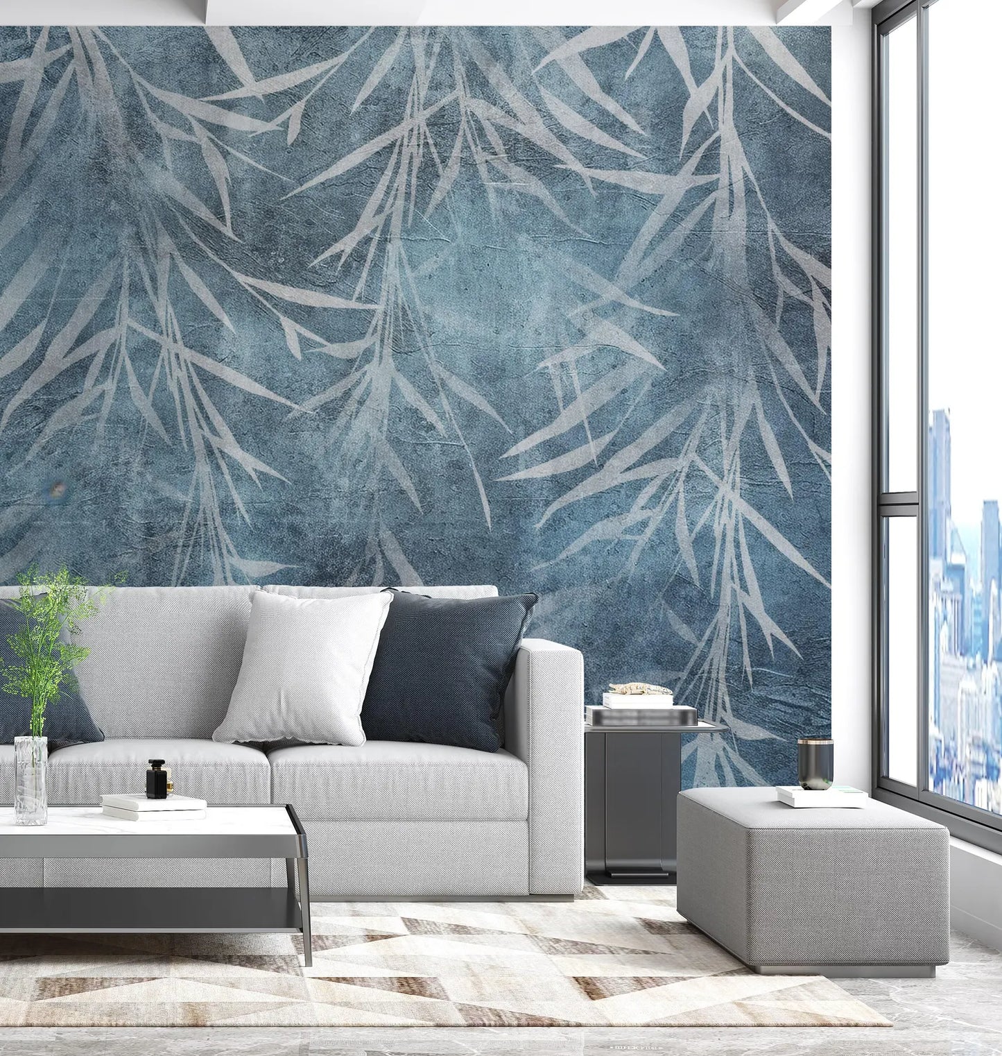 Hojas Tropicales Grises Sobre Fondo Azul