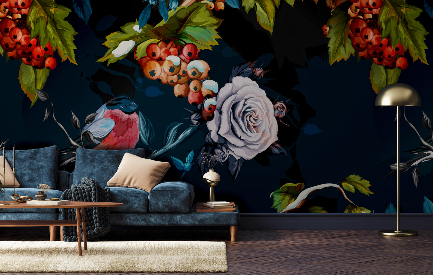 Blue Flowers, Birds and Berries