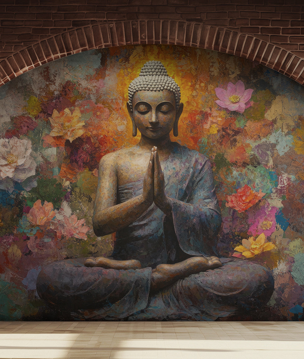 Buda Meditando Flores y Muro Rústico