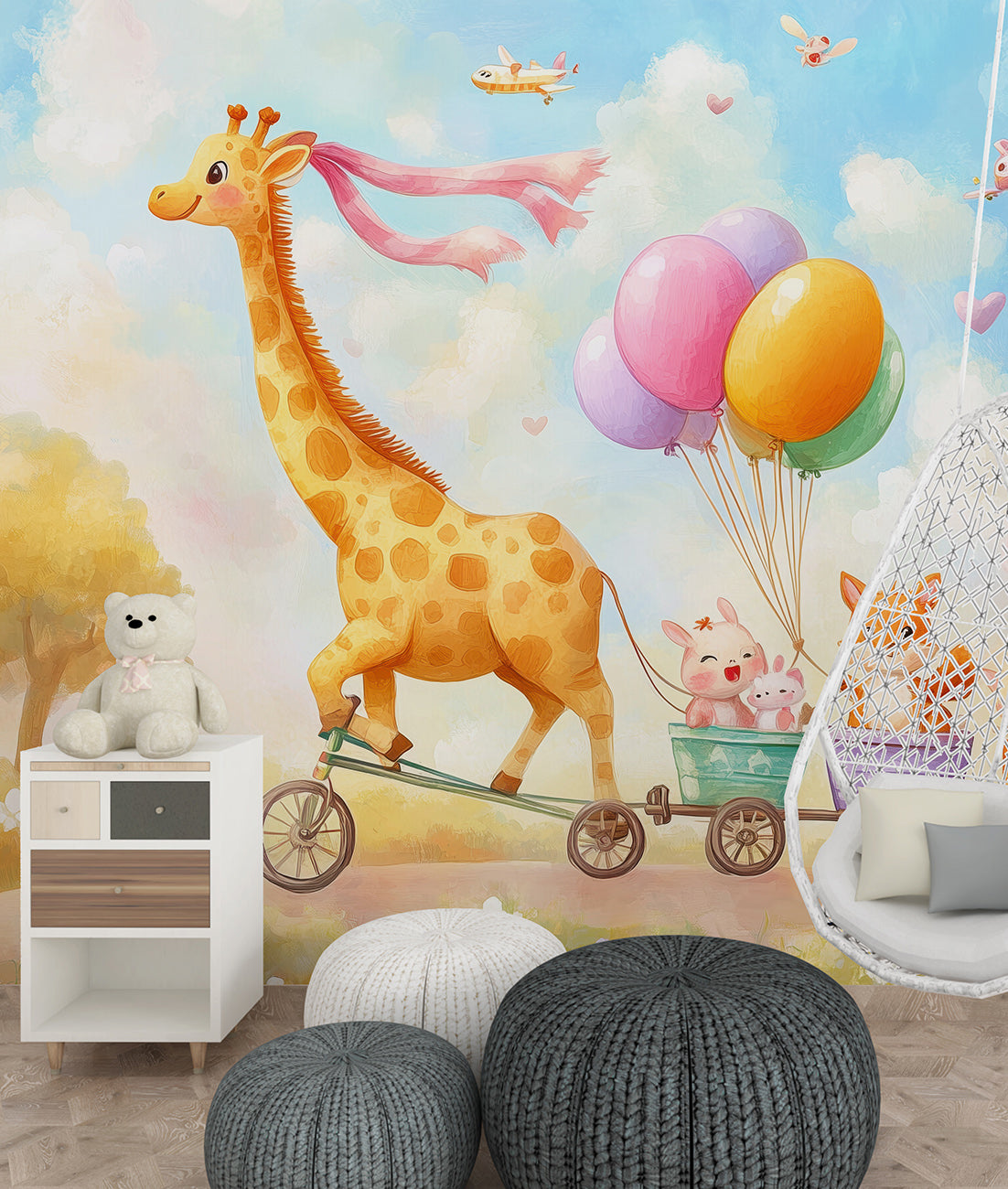 Ilustración Jirafa, Animalitos y Globos