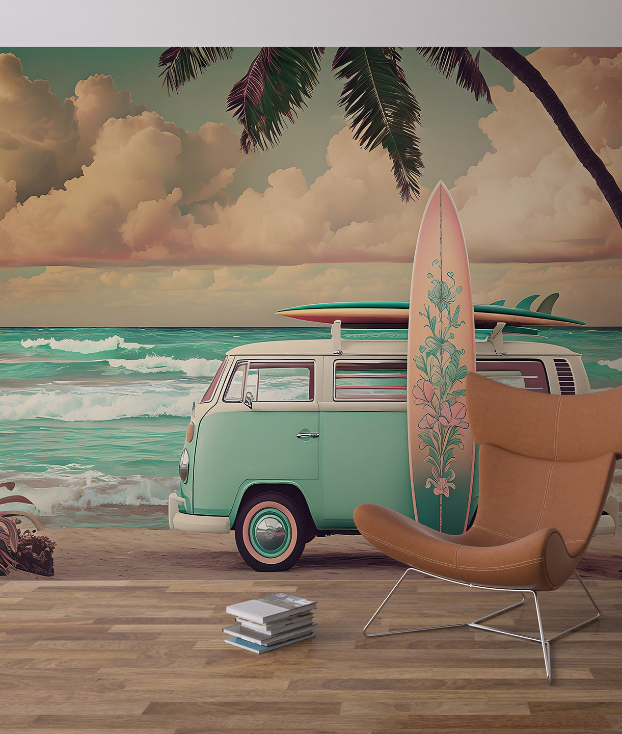 Ilustración Combi y Surfboard en la Playa