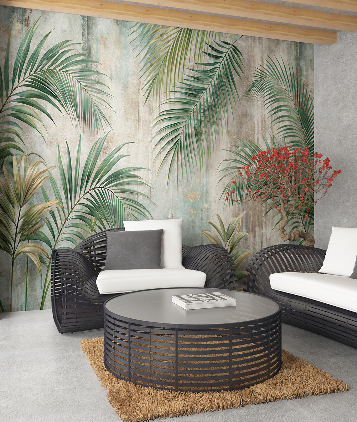 Hojas de Palmera y Muro Rústico