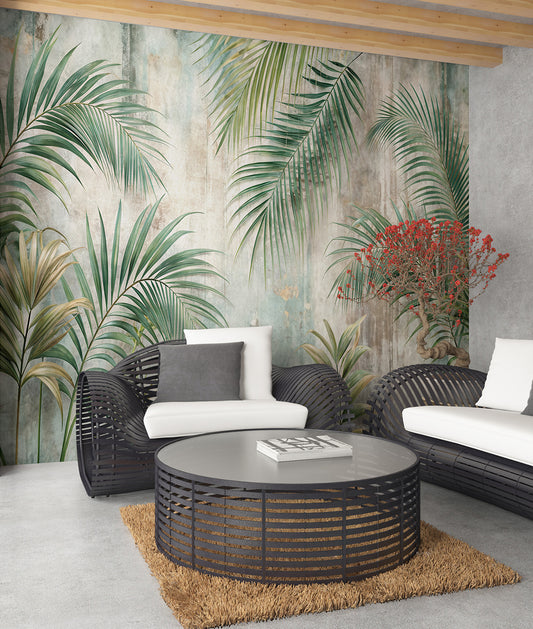 Hojas de Palmera y Muro Rústico