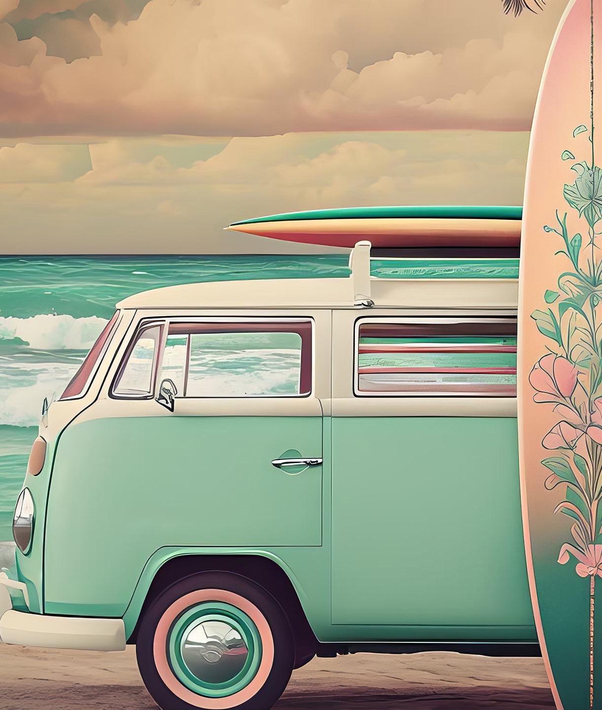 Ilustración Combi y Surfboard en la Playa