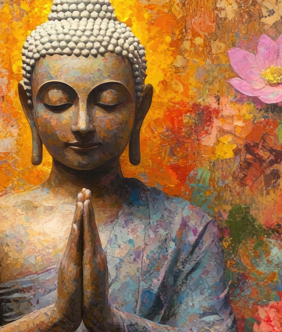 Buda Meditando Flores y Muro Rústico